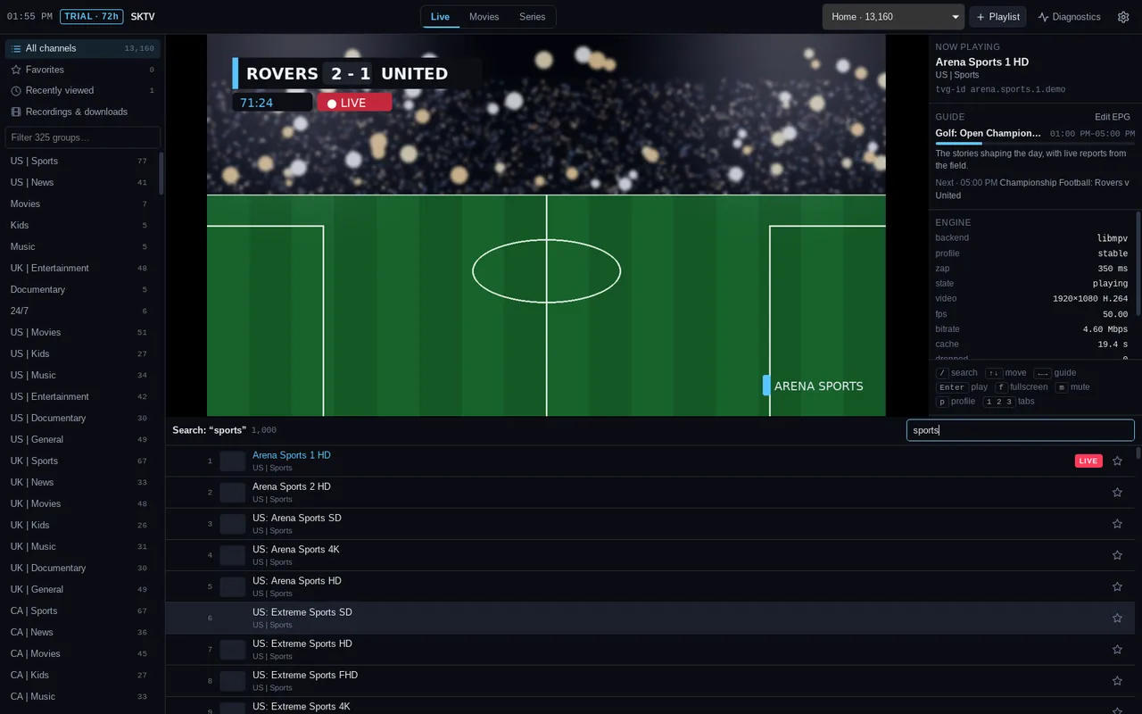 SKTV global search filtering a large channel list as you type